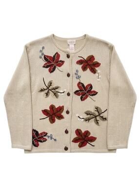 Crystal-Kobe Vintage Autumn Leaf Intarsia Cardigan Women L Tan Cottagecore Fall